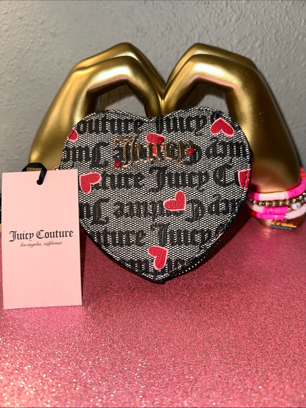 Juicy Couture Black Coin Pouch with Pink Heart Charm